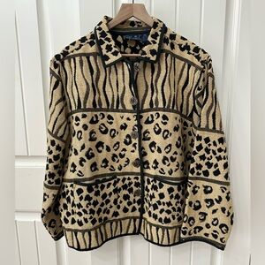 Jane Ashley Black and Tan Animal Print Tapestry Jacket sz XL Vintage Leopard